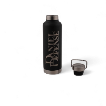 Black stainless steel water bottle with the Daniel Defense logo laser engraved horizontal
