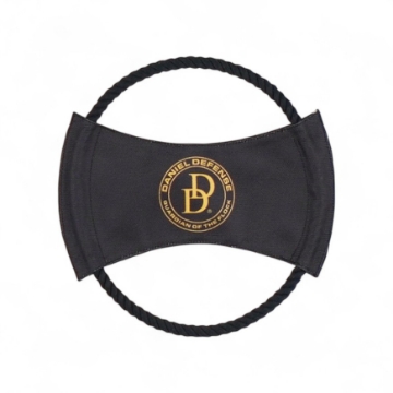 Black rope frisbee dog toy with Daniel Defense logo and “Guardian of the Flock” emblem
