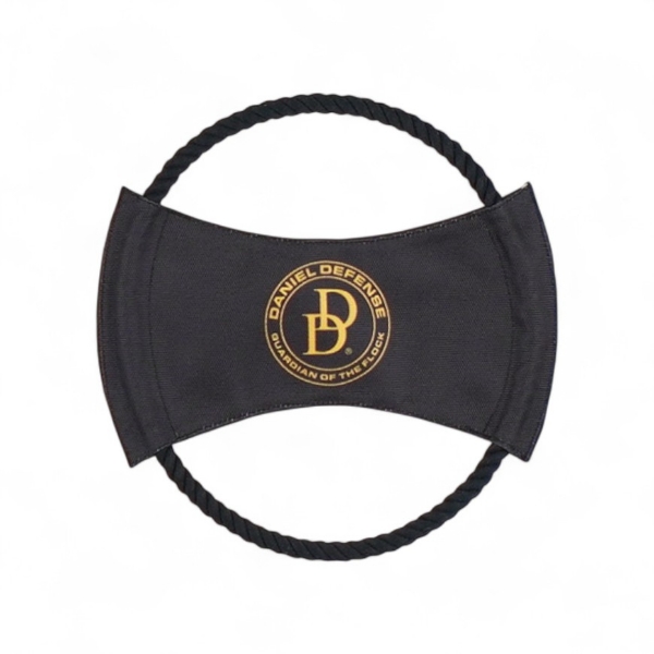 Black rope frisbee dog toy with Daniel Defense logo and “Guardian of the Flock” emblem