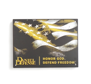 Tin Daniel Defense sign with American flag and "Honor God. Defend Freedom."