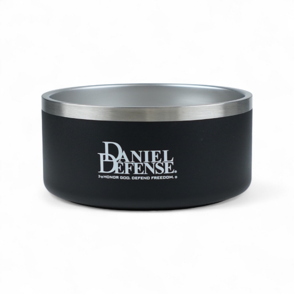 Black stainless steel dog bowl with Daniel Defense logo and “Honor God. Defend Freedom.” motto