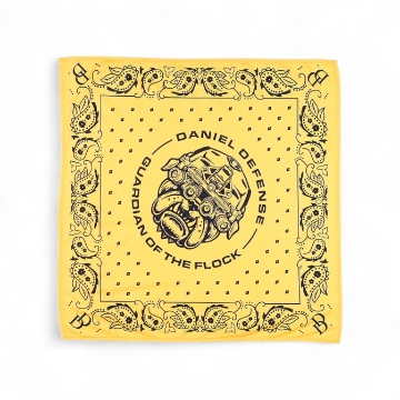 Yellow dog bandana with tactical bulldog graphic and “Daniel Defense – Guardian of the Flock” text