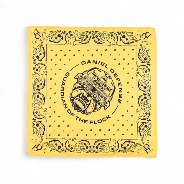 Yellow dog bandana with tactical bulldog graphic and “Daniel Defense – Guardian of the Flock” text