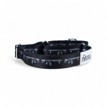 Black martingale dog collar with Daniel Defense rifle design and metal hardware