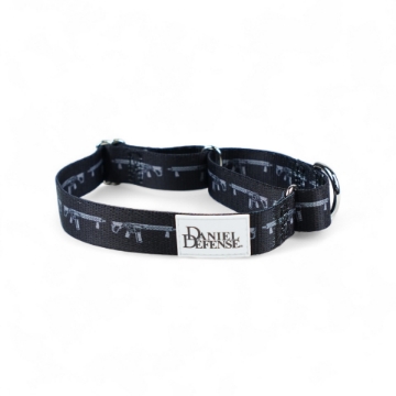 Black martingale dog collar with Daniel Defense rifle design and metal hardware