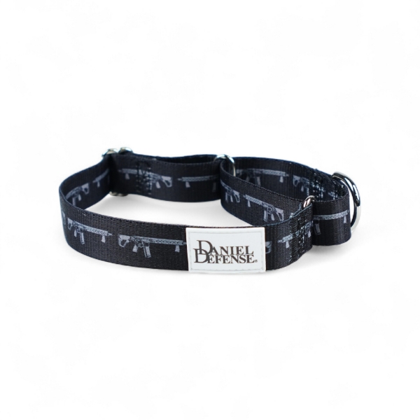 Black martingale dog collar with Daniel Defense rifle design and metal hardware