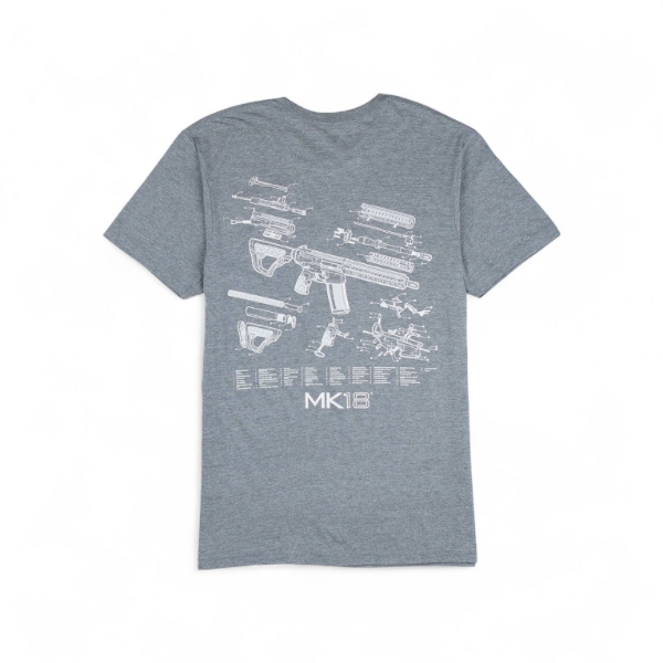 Gray MK18 Blueprint Tee back view showcasing detailed MK18 rifle blueprint graphic design